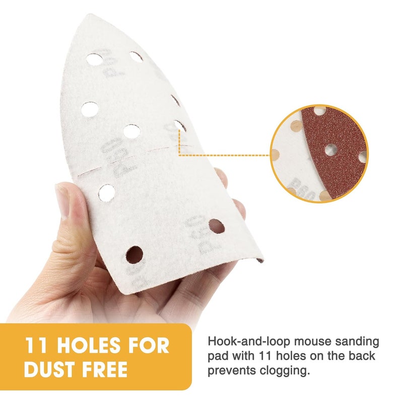 Shawya 50 PCS Mouse Sander Sandpaper for Mouse Sander 11 Hole Detail Sandpaper Sanding Paper 60 Grit Hook and Loop Sander Pads Triangular Sanding Sheets Abrasive Sanding Paper - Image 5